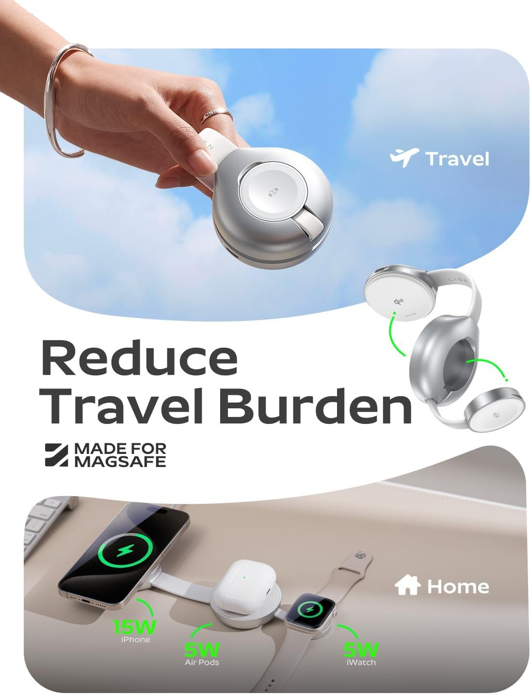 LISEN for Qi2 Magsafe Charger Certified 15W iPhone 16 Travel Charger, 3 in 1 Charging Station for Apple Watch and Airpods,25W Total Magnetic Wireless Charger for iPhone 16 15 (30W Charger Included) - Image 4