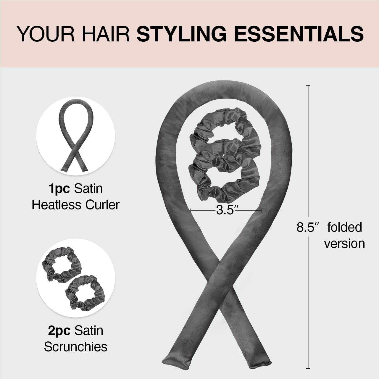 Kitsch Satin Heatless Curling Set - Heatless Hair Curler To Sleep In, Heat Free Curls Overnight for Frizz-Free, Soft Curls - For All Hair Types - Includes Satin Curling Rod & 2 Scrunchies - Charcoal - Image 3