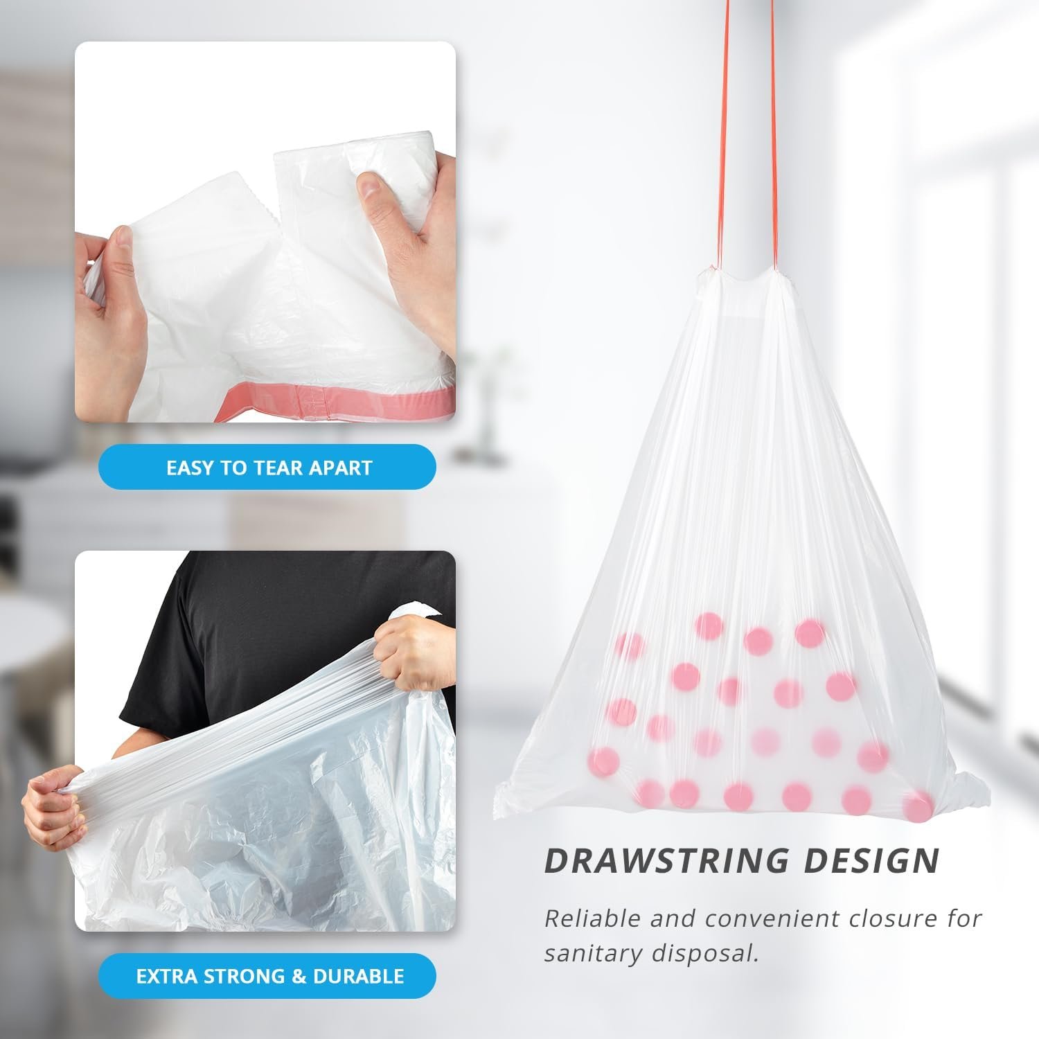 Ultra Thick 15 Gallon Drawstring Trash Bags, 108 Count Heavy Duty Large Plastic Garbage Bag, Leak Proof Trash Can Liners for Tall Kitchen Home Office Lawn Outdoor, White - Image 5