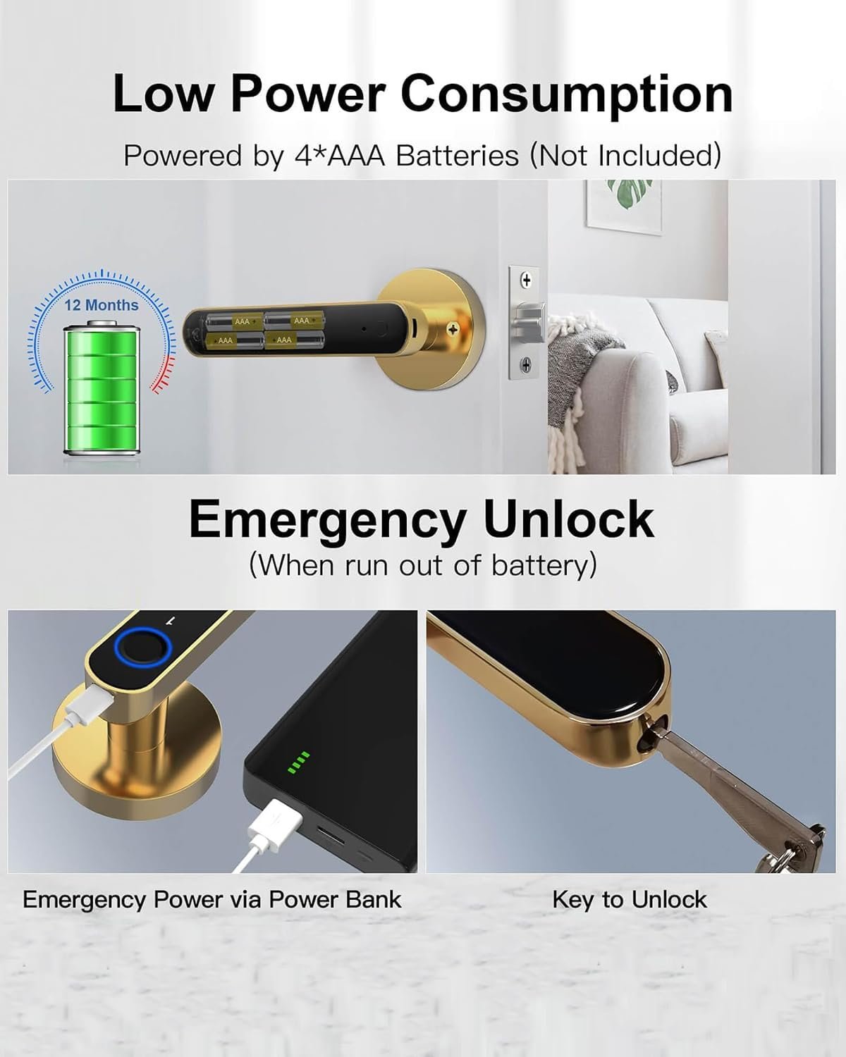 Fingerprint Handle Door Lock Smart Door Lock Levers eLinkSmart Digital Keyless Entry Door Knob Watch App Open Knob Lock for Bedroom Gold - Image 10