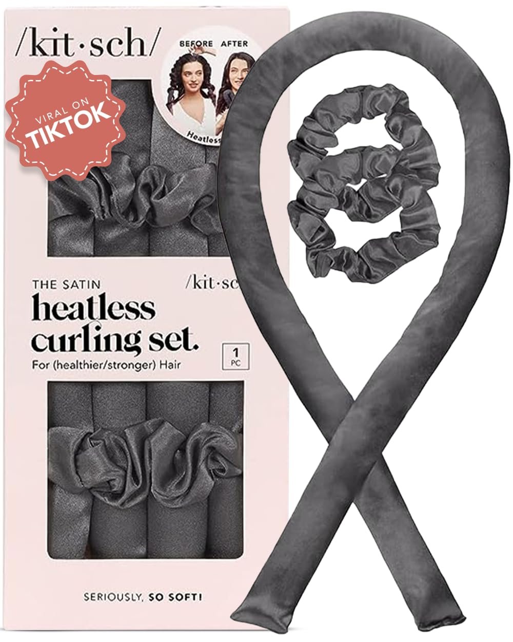 Kitsch Satin Heatless Curling Set - Heatless Hair Curler To Sleep In, Heat Free Curls Overnight for Frizz-Free, Soft Curls - For All Hair Types - Includes Satin Curling Rod & 2 Scrunchies - Charcoal - Image 2