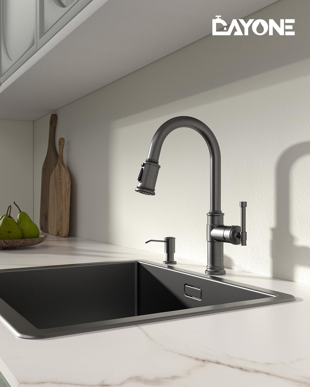 Black Stainless Kitchen Sink Faucet with Pull Down Sprayer, DAYONE Single Handle 1 Hole High Arc Flow 360° Swivel Kitchen Faucets with Soap Dispenser, APS136BS - Image 7