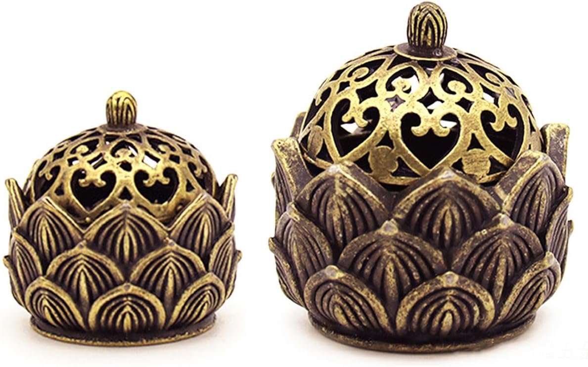 2 Pcs Mini Brass Lotus Flower Incense Holder Small Inscent Cone Burner Calligraphy Style Closed Incense for Incense Cones Home Office Zen Aromatherapy Ornament Meditation Spa Decoration - Image 2