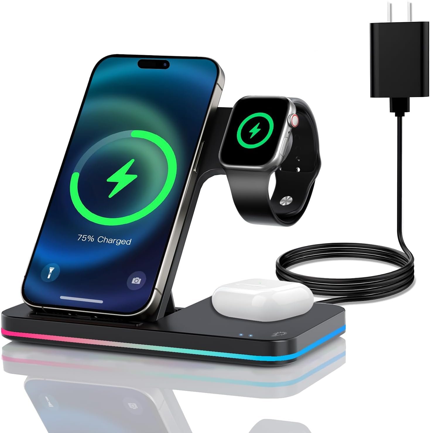 3 in 1 Charging Station Wireless Charger iPhone Fast Charger Foldable Charging Stand for Apple Multiple Devices with an 18 W Quick Charger for iPhone 16/15/14/13 Pro Max Apple Watch AriPods Pro 2 - Image 2