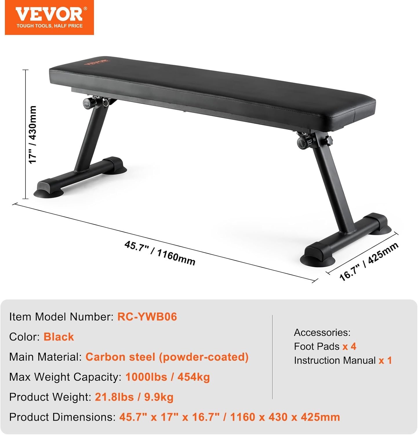 VEVOR Flat Weight Bench, Foldable Strength Training Bench, Utility Workout Bench for Full Body Workout, 1000 LBS Press Bench for Home Gym Exercise, for Multi-Purpose Weight Training and Ab Exercises - Image 8