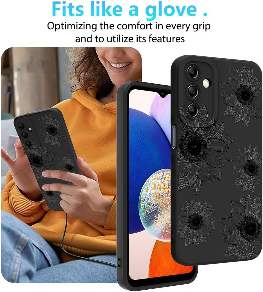OOK Floral case for Samsung Galaxy A14 Case, Cute Sunflower Floral Blooms Design Soft TPU Shockproof Protective for Women Girls Phone Cover - Black Flower - Image 8
