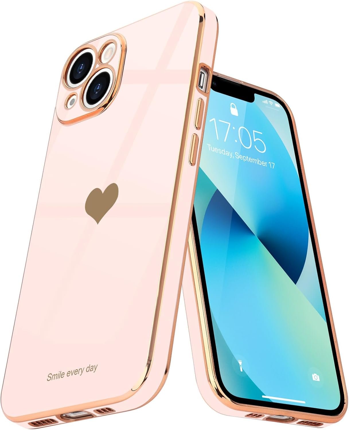 Teageo Compatible with iPhone 13 Case for Women Girl Cute Love-Heart Luxury Bling Plating Soft Back Cover Raised Full Camera Protection Bumper Silicone Shockproof Phone Case for iPhone 13, Light Pink - Image 2