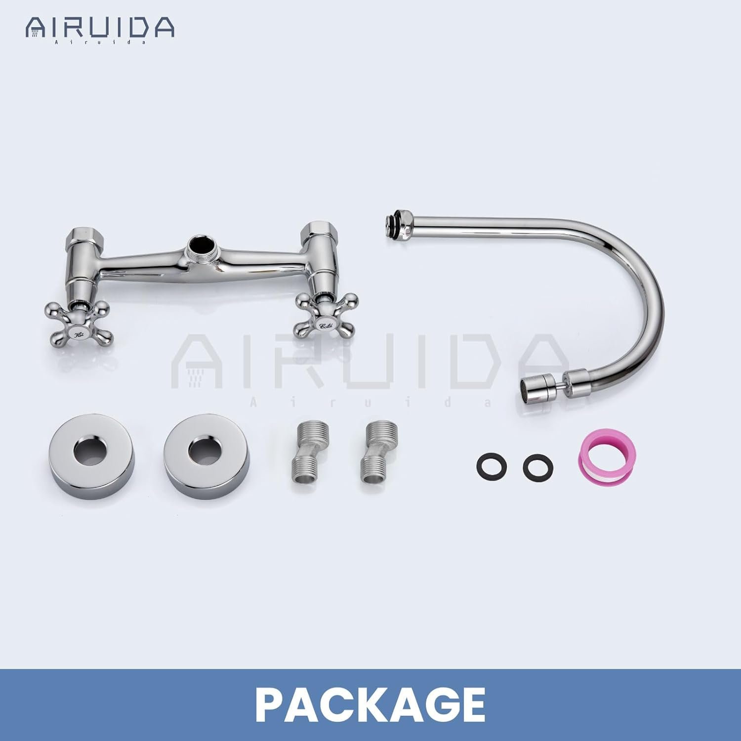 Airuida Wall Mount Kitchen Faucet with Sprayer Wall Mounted Kitchen Sink Faucet Double Cross Handles 360 Degree Swivel Spout Restaurant Mixer Tap Commercial 8 Inch Center Chrome Polish - Image 10