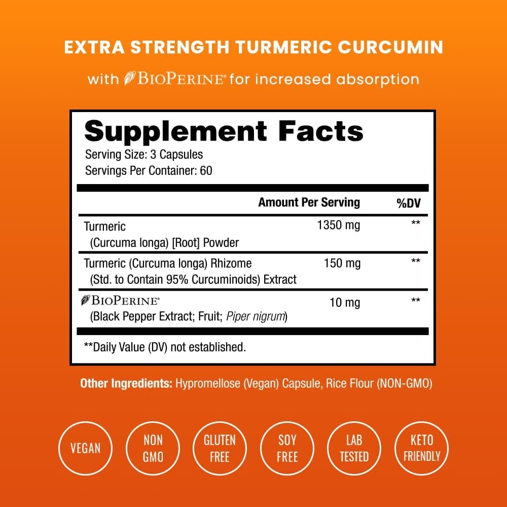 Turmeric Curcumin with Black Pepper Extract 1500mg | 95% Curcuminoids Extra Strength Turmeric Supplement for Joint Health, Brain, Heart & Immune Support | Vegan & Non-GMO | 180 Turmeric Capsules - Image 3
