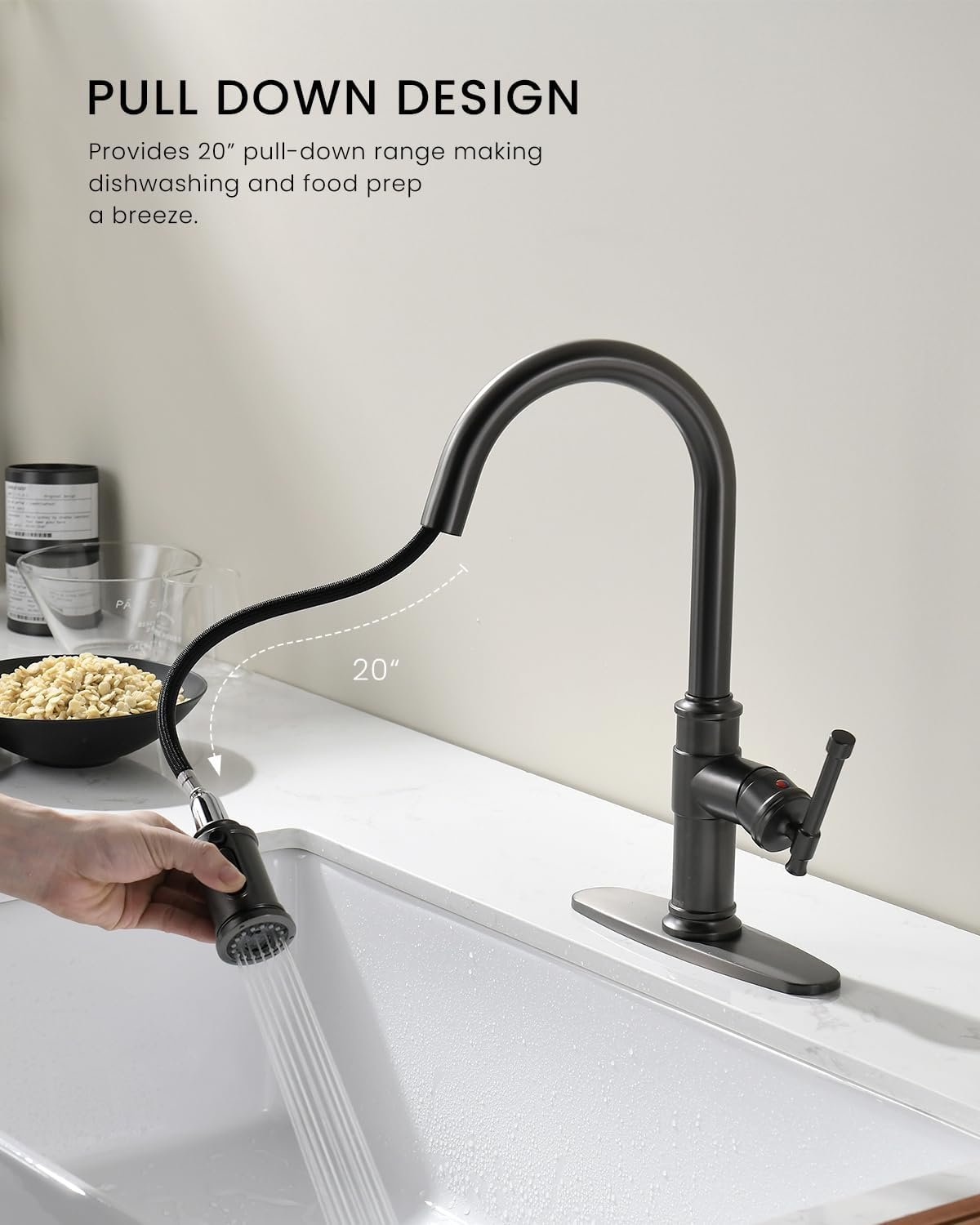 Black Stainless Kitchen Sink Faucet with Pull Down Sprayer, DAYONE Single Handle 1 Hole High Arc Flow 360° Swivel Kitchen Faucets with Soap Dispenser, APS136BS - Image 3