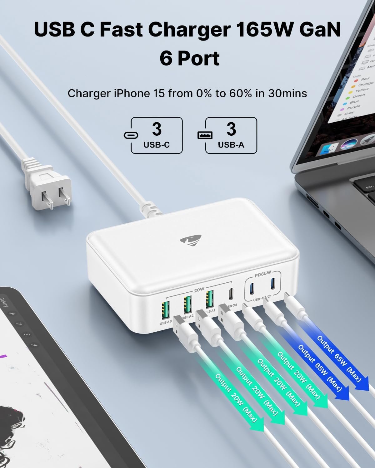 USB C Charger Block, 165W GaN 6 Port USB C Charging Station PD USB C and QC USB A Wall Charger Power Adapter Plug Cube, Fast USB C Charger for iPhone 15 14 Pro Max, MacBook Pro, iPad, Samsung S24/23 - Image 3
