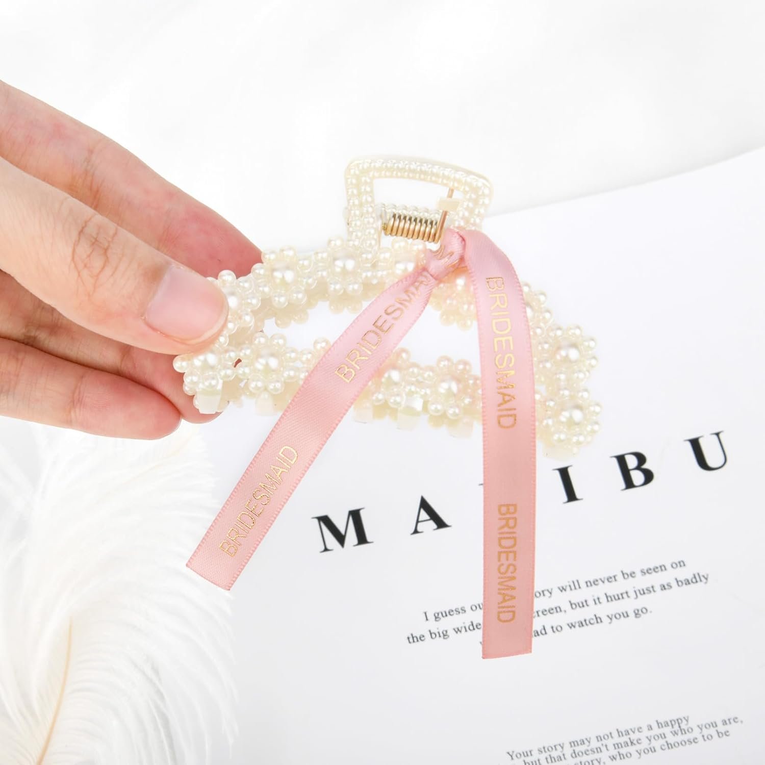 DEEKA Bridesmaid Proposal Gifts 8 Pack Pearl Bridesmaid Hair Claw Clips with Ribbon 3 Inch Hair Clips Bachelorette Party Favors Bridal Party Present Hair Accessories (Half Circle White&Rose Gold) - Image 9