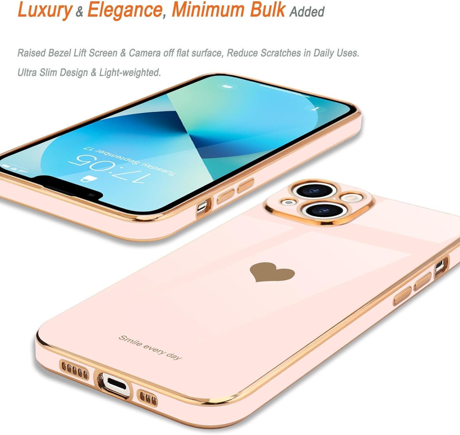 Teageo Compatible with iPhone 13 Case for Women Girl Cute Love-Heart Luxury Bling Plating Soft Back Cover Raised Full Camera Protection Bumper Silicone Shockproof Phone Case for iPhone 13, Light Pink - Image 4