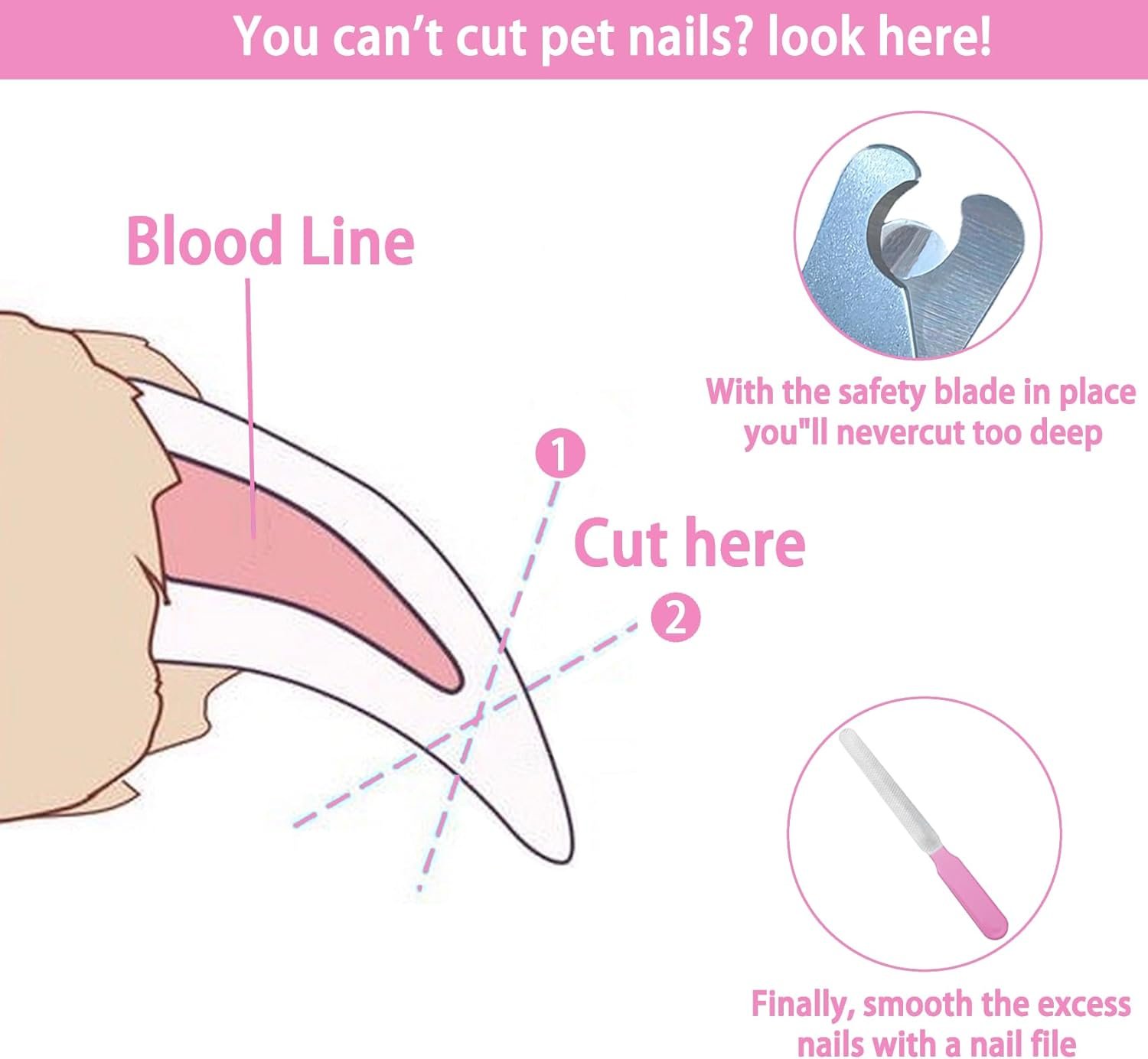 5Pcs Dogs and Cats Grooming Nail Clippers Kit Pet Claws Nail Clipper Trimmers, with Protective Guard Lock to Avoid Over Cutting, Professional Trimmers for Large and Small Cat and Dog Animal. (Pink) - Image 5
