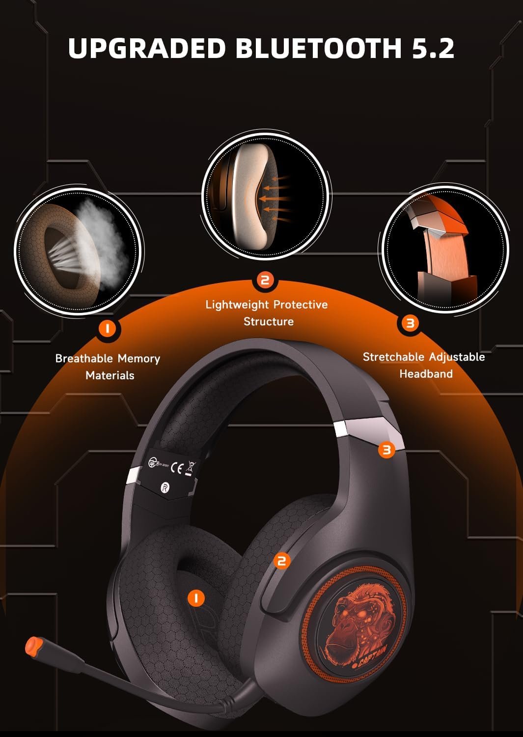 Gaming Headset Wireless, 2.4GHz Gaming Headphones Wireless with Noise Canceling Microphone for PS5, PS4, Fortnite & FPS Gamers, 40-Hr Battery Gamer Headphones for PC, Orange Chimpanzees - Image 10