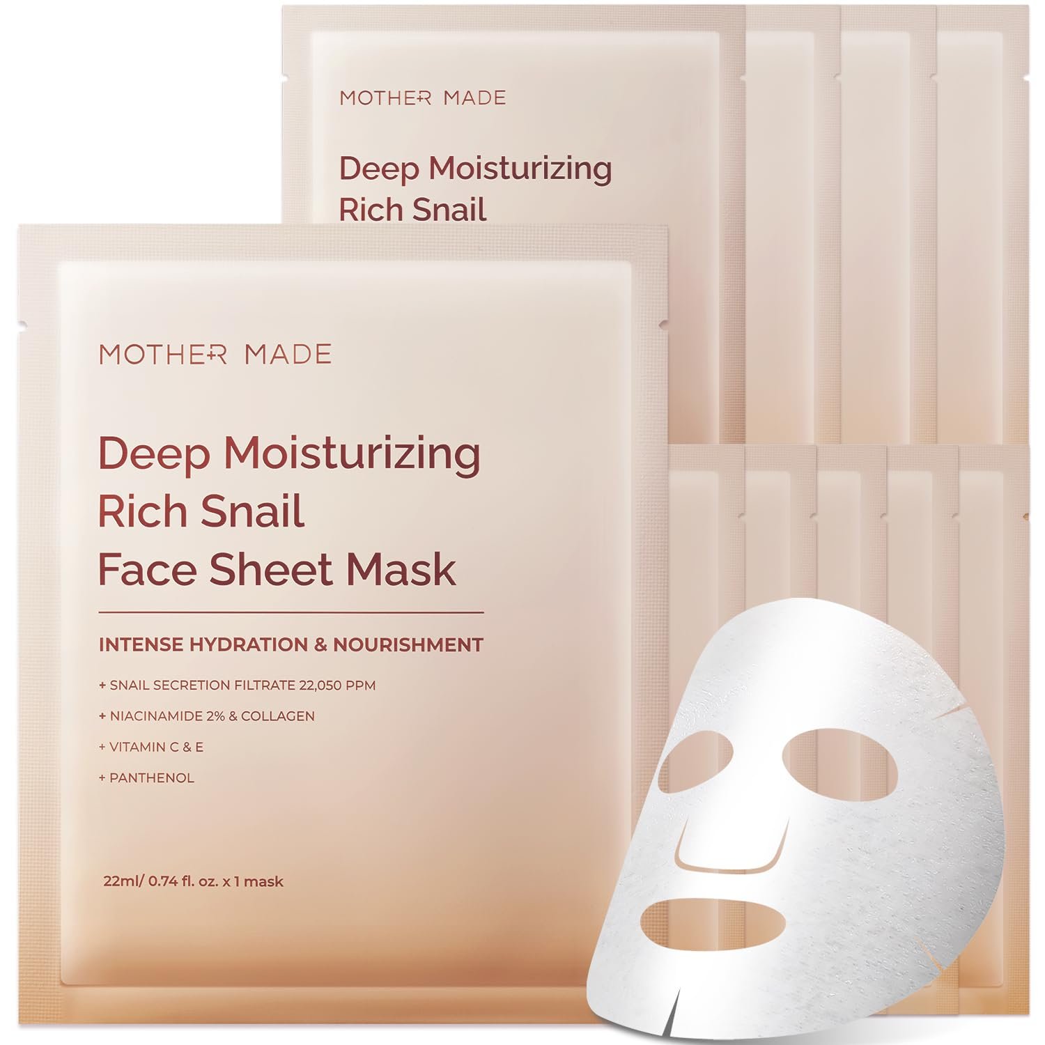Moisturizing Anti-aging Snail Mucin Face Masks 10 EA, with Collagen, Niacinamide 2%, Squalane, Face Masks for Dry, Sensitive Skin, Travel Essentials, Self Care, Korean Skincare - Image 2