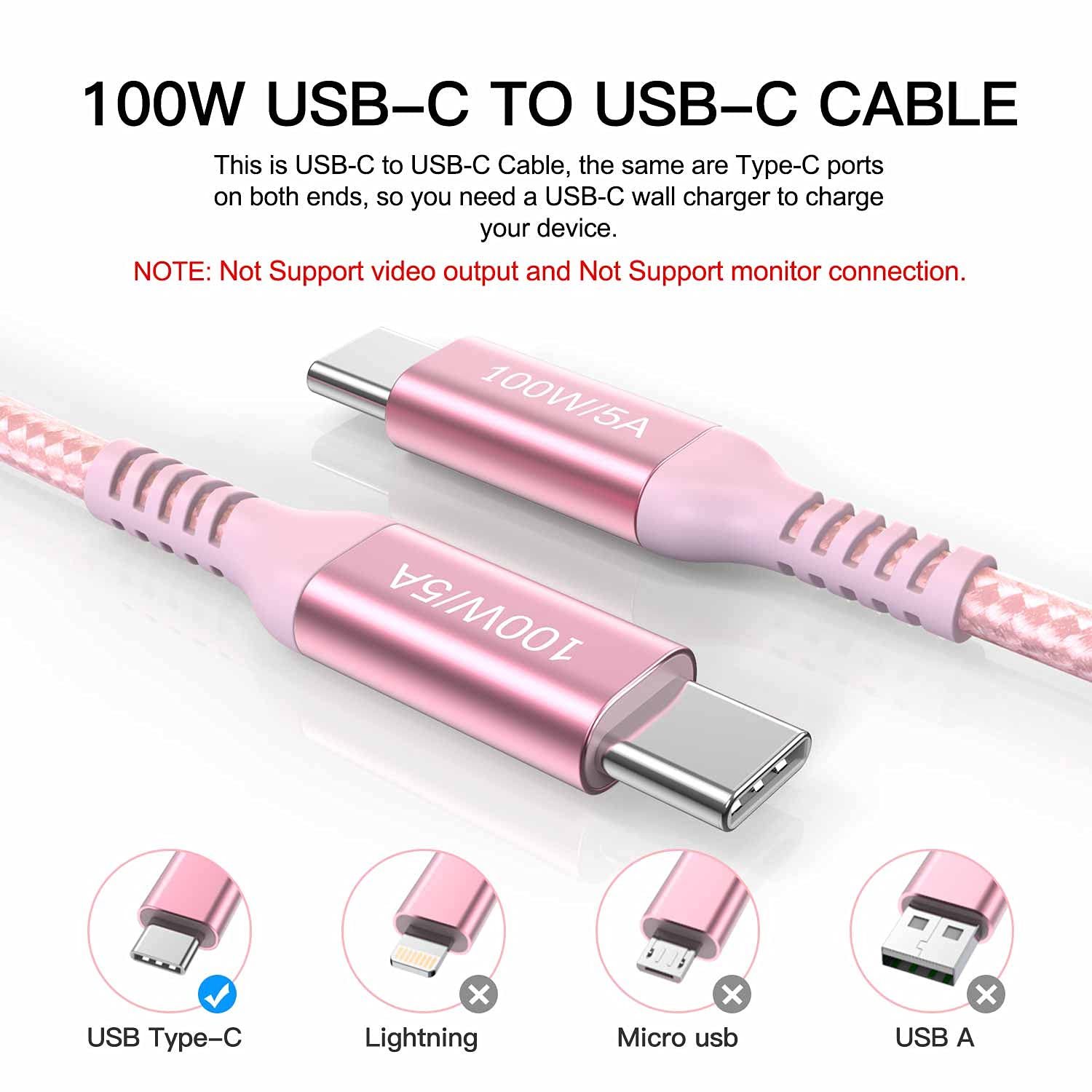 100W USB C Cable 10ft Pink,Long USB-C to USB-C,Awnuwuy USB Type C to C Fast Charging Cord Compatible with iPhone 15/15 Pro/15 Plus/15 Pro Max,iPad Pro,iPad Air 4,Samsung Galaxy S23 S22 S21,MacBook Pro - Image 6