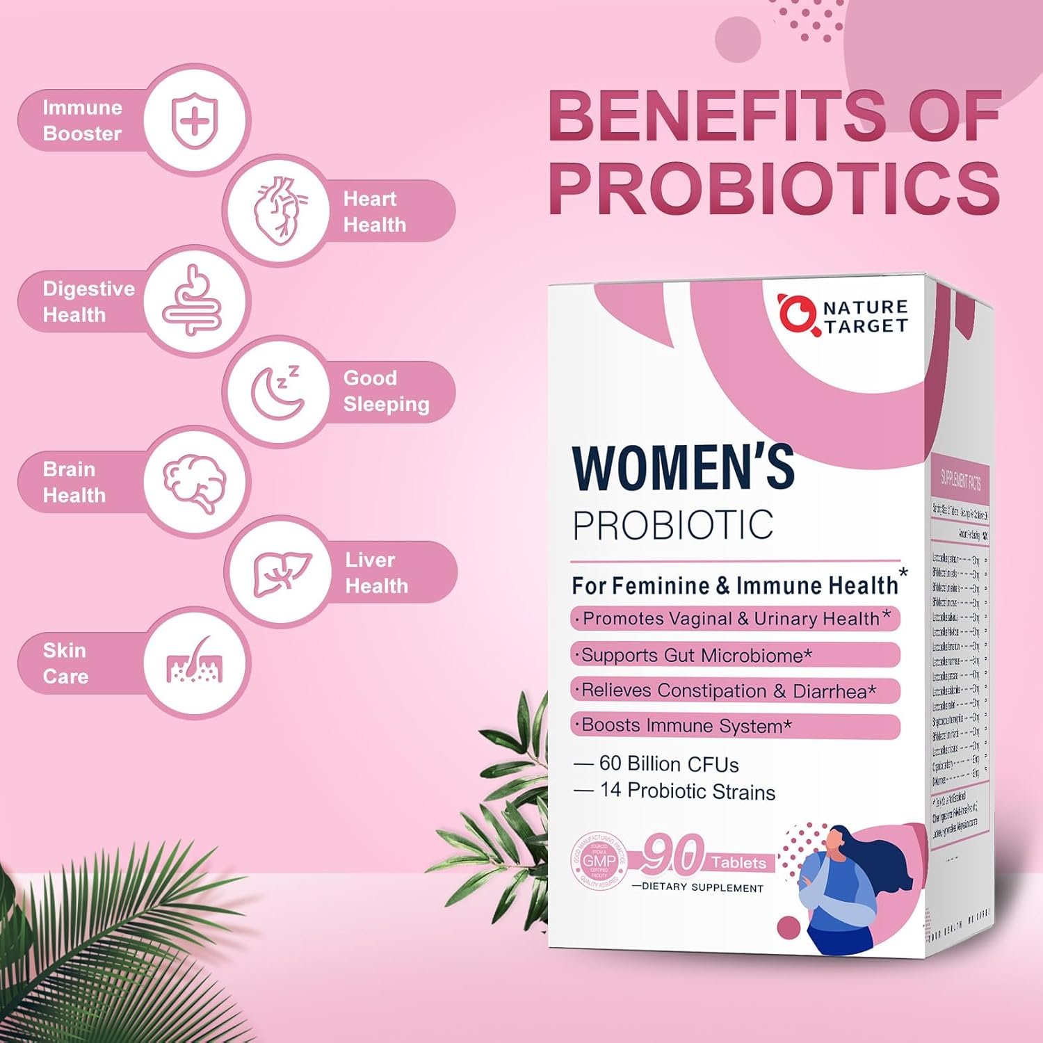 NATURE TARGET Probiotics-for-Women, Probiotics and Prebiotics, Cranberry and D-Mannose, 60-Billion-CFUs, Organic Probiotics for Digestive Health/Gut Health/Immune Booster, Women's Probiotics - Image 6