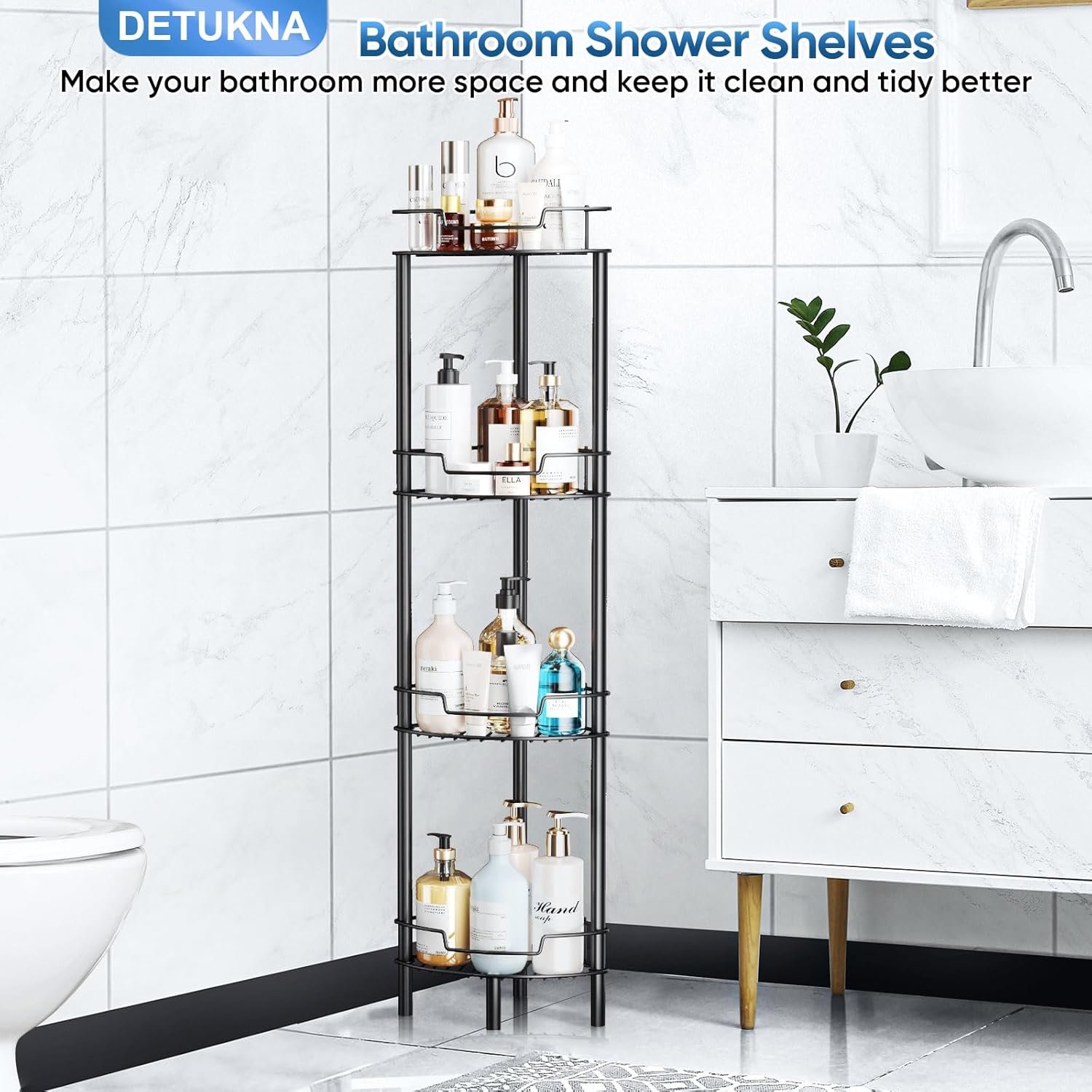 Corner Shower Caddy, 4 Tier Rustproof Shower Organizer Shelf for Bathroom Shampoo Storage, Waterproof Stainless Steel Floor Corner Stand Rack for Bathroom Balcony Kitchen, No Drilling, Black… - Image 8