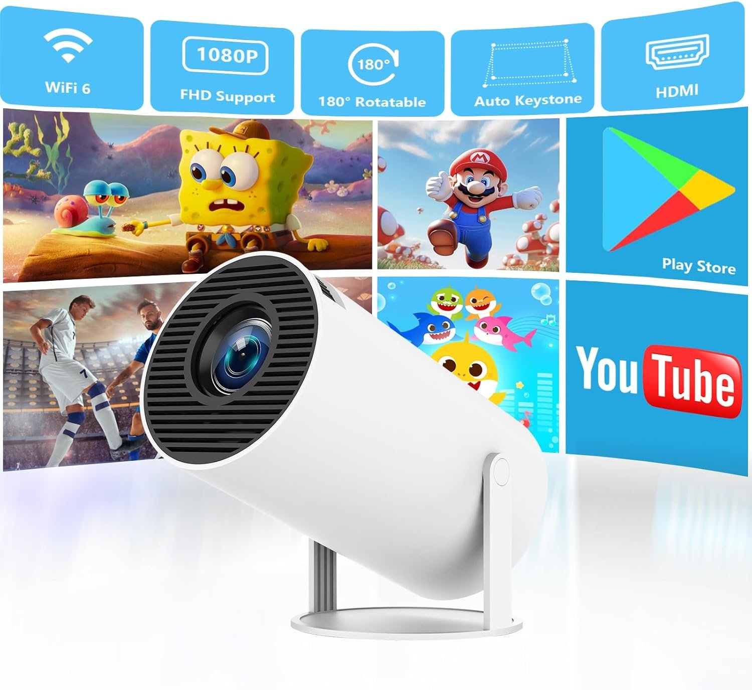 Mini Projector Android 11.0, WiFi Bluetooth 1080P Support Smart Projector, Auto Keystone, 180 Degree Rotation, Home Video Projector, Compatible with Smartphone, HDMI,USB,Fire Stick, PS5 - Image 2