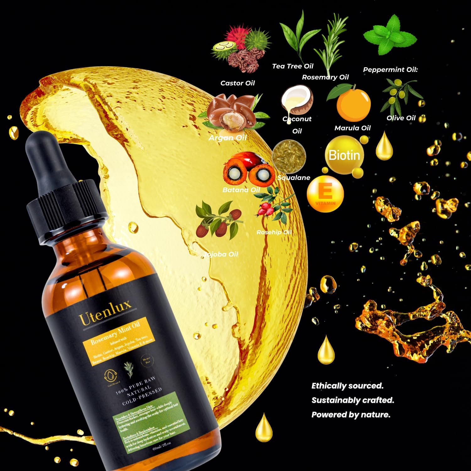 Rosemary Oil for Hair Growth, Organic Hair Growth Rosemary Oil, Cold Pressed, Infused with Mint, Biotin, Argan, Jojoba, Tea Tree, Rosehip, Marula Oils & Vitamin E, 2 oz - Image 5