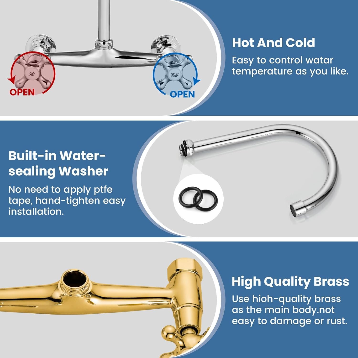 Airuida Chrome Polish Wall Mounted Kitchen Sink Faucet Wall Mounted Commercial Kitchen Faucet Wall Mount 8 Inches Center Faucet, 360 Degree Swivel Spout Mixer Laundry Restaurat Tap with Female Thread - Image 4