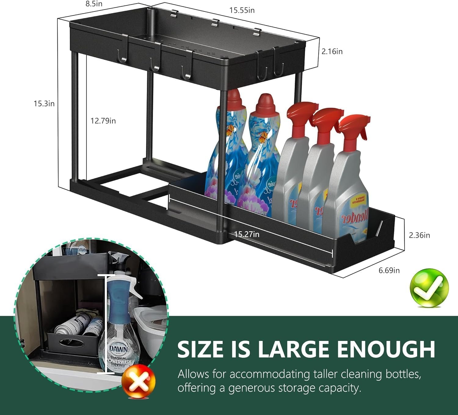 mosala Under Sink Organizers and Storage 2 Pack - 2 Tier Sliding Bathroom Cabinet Organizer with Hooks - Multi-Purpose Under The Sink Organizer Kitchen - Black - Image 5
