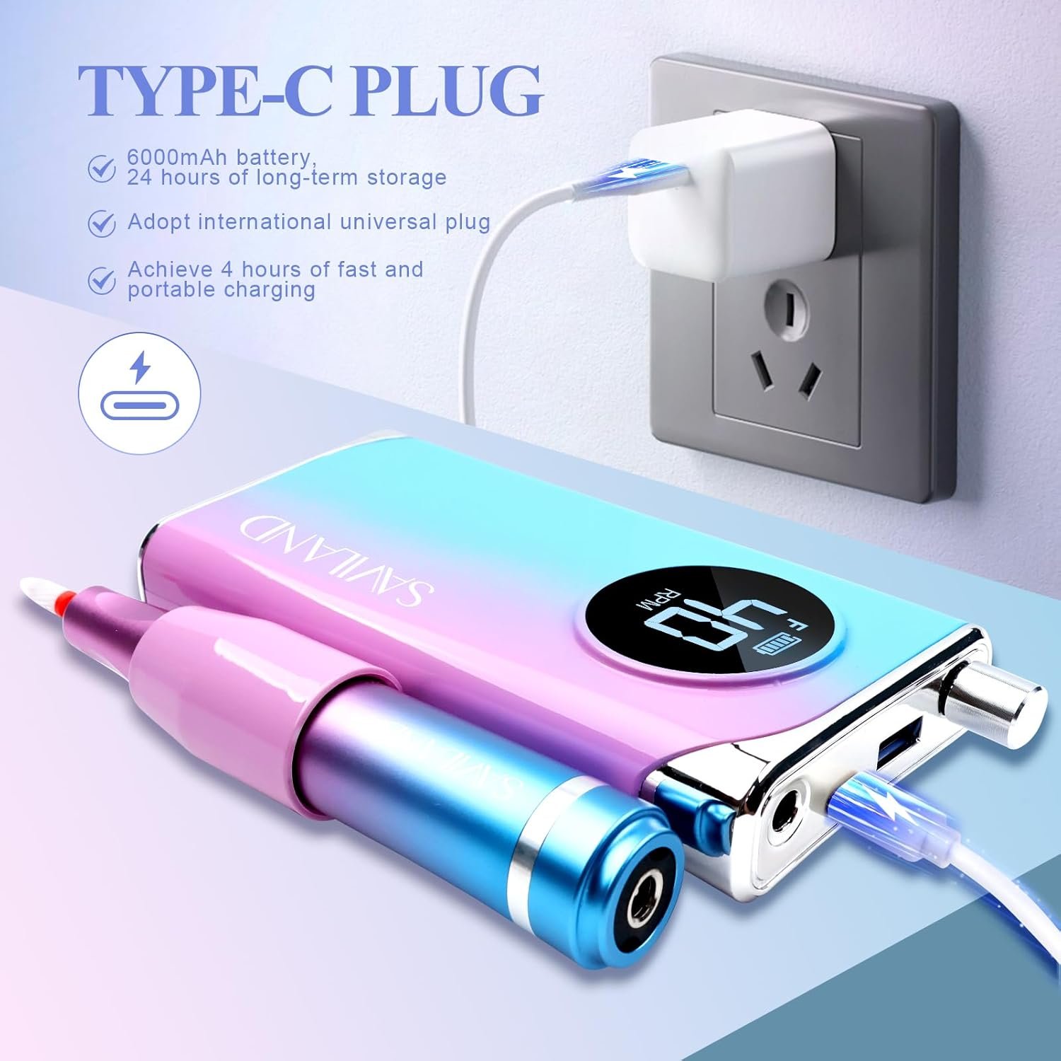 SAVILAND Electric Nail Drill Professional: 40000RPM Powerful Electric Nail File Portable Nail Drill with 12 Drill Bits Rechargeable Efile for Acrylic Gel Nails Removing Manicure Pedicure Salon - Image 5