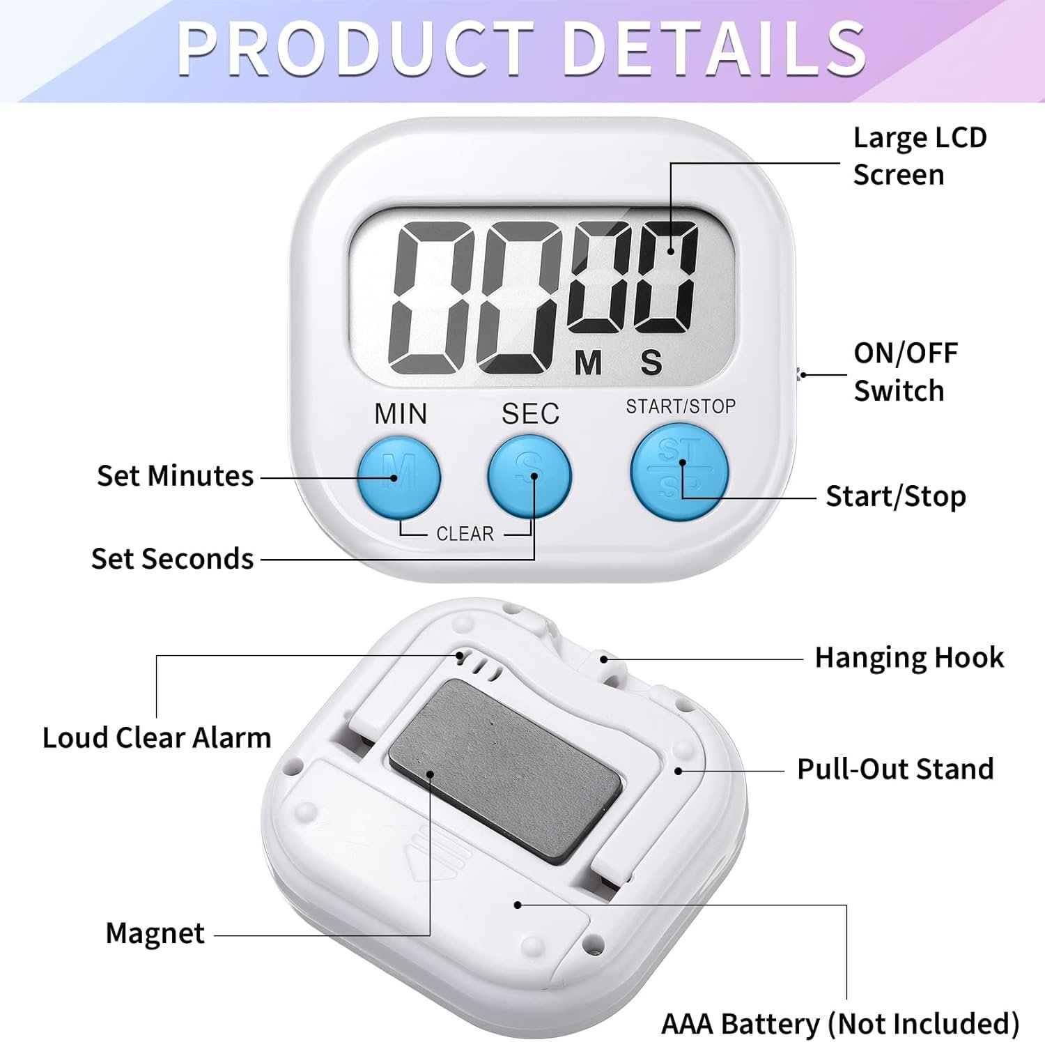 Macarrie 48 Pcs Digital Kitchen Timer Bulk Small Magnetic Backing Stand Timer Clock Loud Alarm LCD Display Electronic Minute Second Count up Countdown Timer for Teacher Classroom Cooking Baking - Image 4