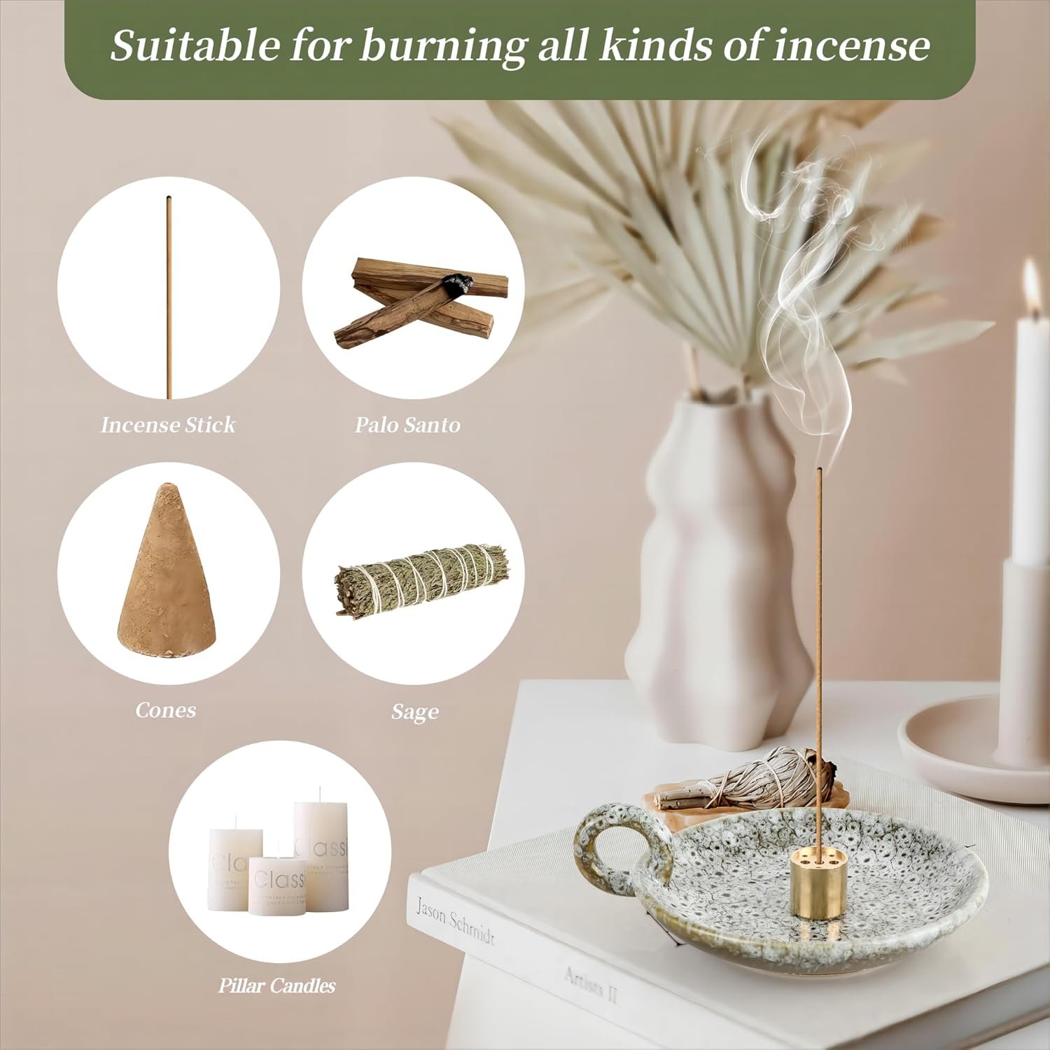 5 in 1 Ceramic Incense Holder Ash Catcher, Multi-Funtional Palo Santo Holder for Sage Sticks Cones Candle, Ideal for Meditation, Relaxing, Easy to Clean(Green - Image 4