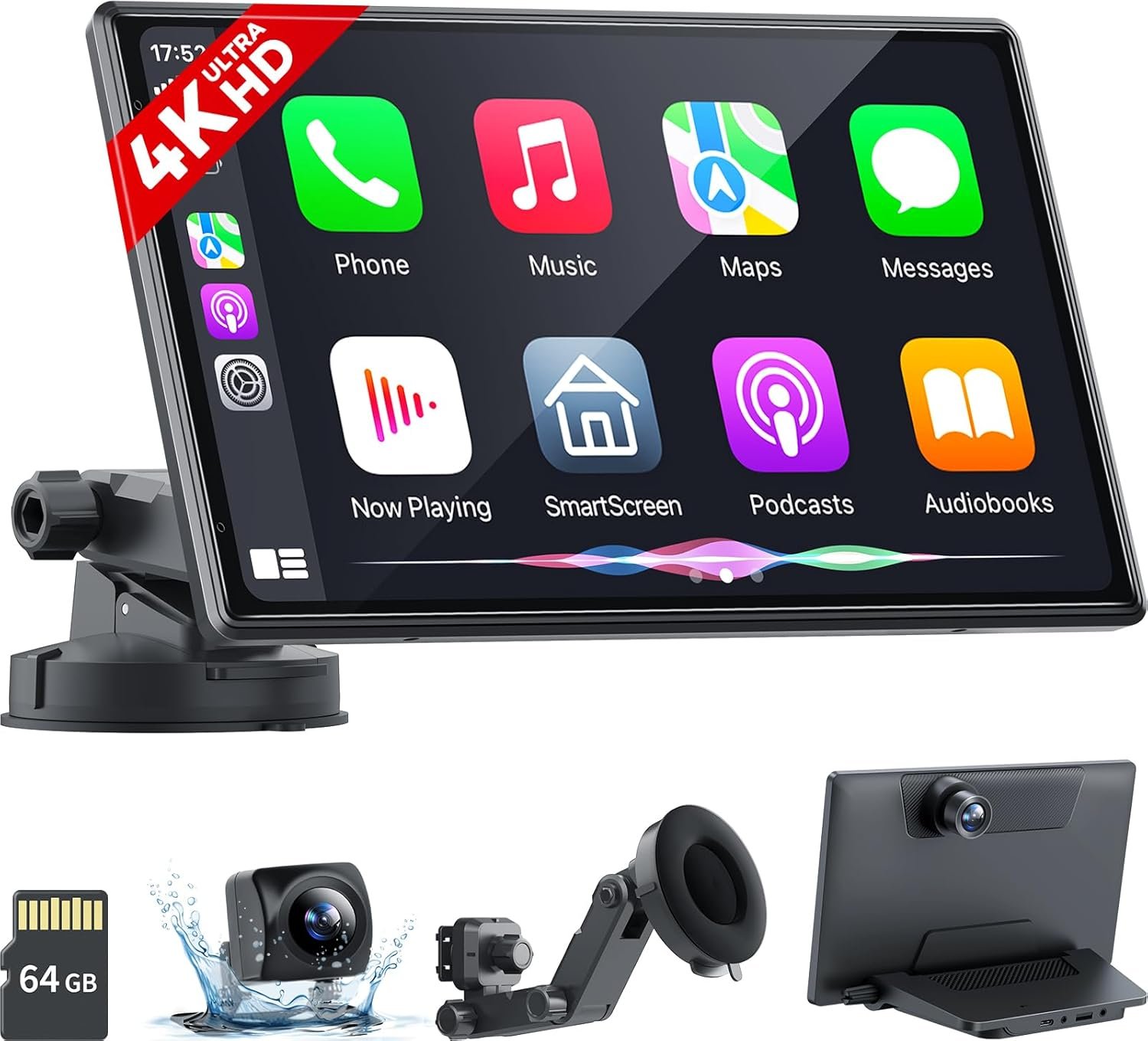 Wireless Portable Carplay Screen with 4K Dash Cam, Android Auto, 9'' Auto-Dimming Screen with Strongest Suction Mount, GPS Navigation for Car, 1080P Backup Camera, Loop Recording - Image 2