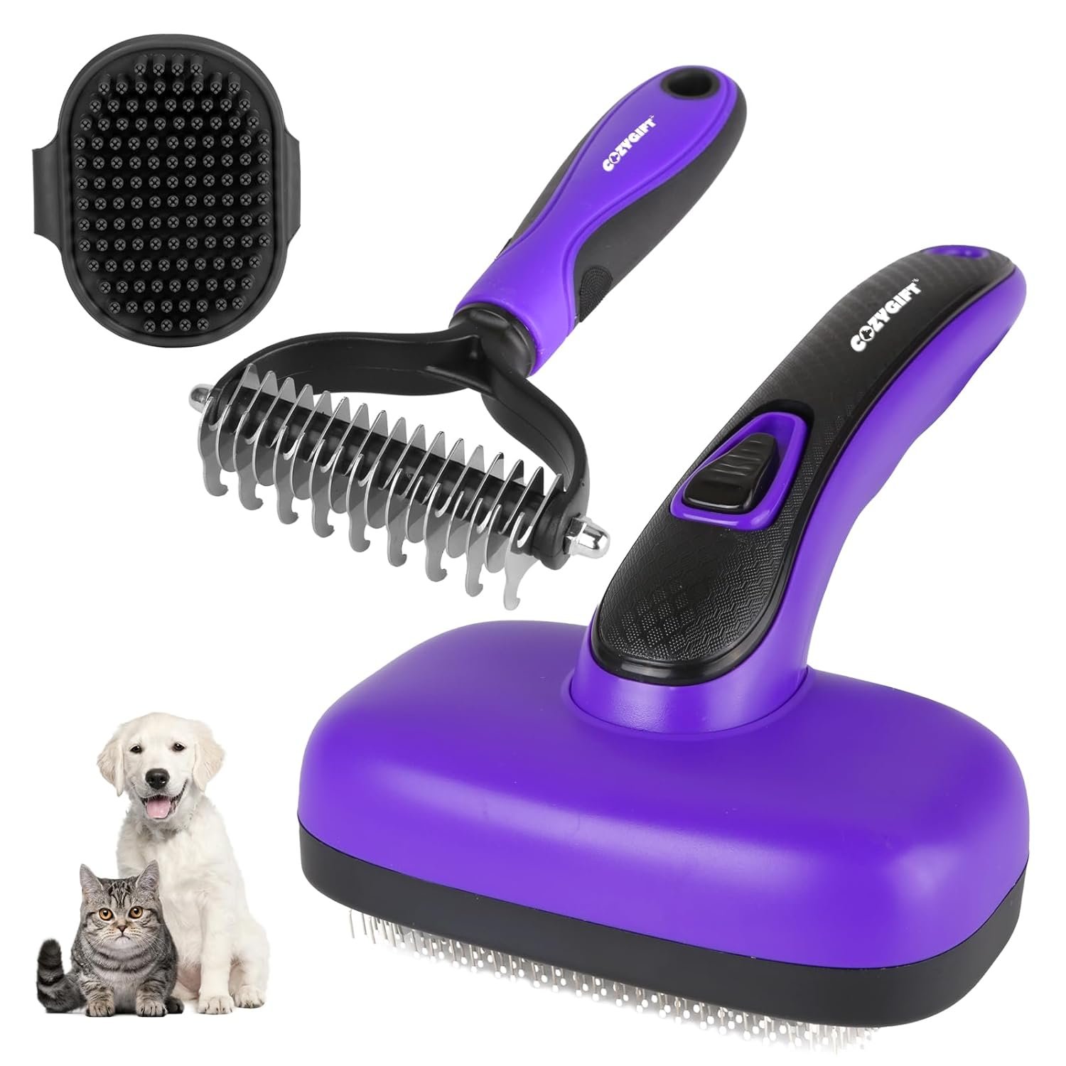 Dog Brush Kit – 3 PCS Grooming Set with Self-Cleaning Brush, Undercoat Rake & Pet Bath Brush. Great for Shedding, Tangles & Dirt Removal – Ideal for Long & Short Haired Dogs & Cats, Purple - Image 2