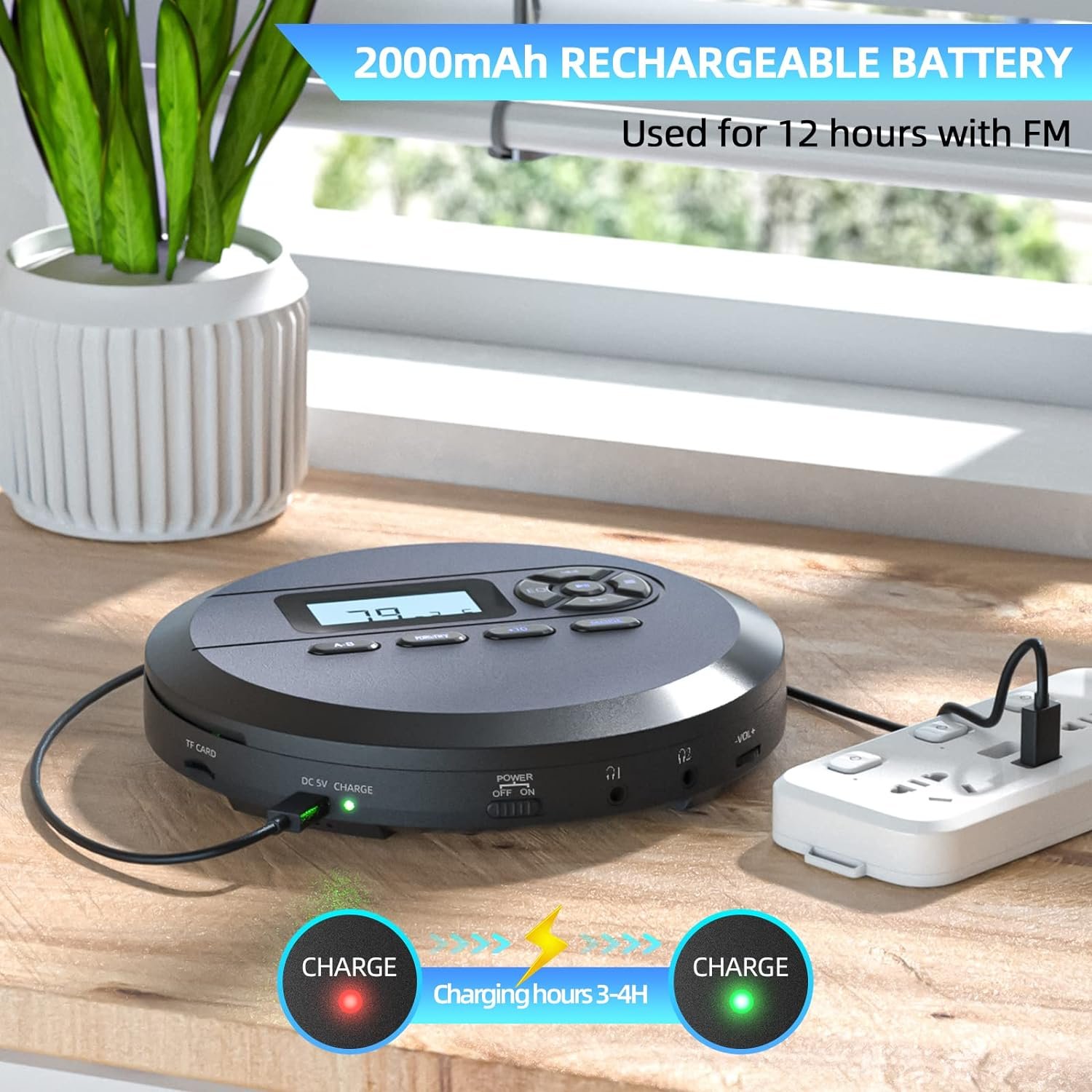 CD Player Portable, DESOBRY Portable CD Player with Speakers & FM Transmitter, Compact CD Player for Car Built-in 2000mAh Rechargeable Battery, Walkman CD Player with LCD Screen, Earphones, AUX Cord - Image 4