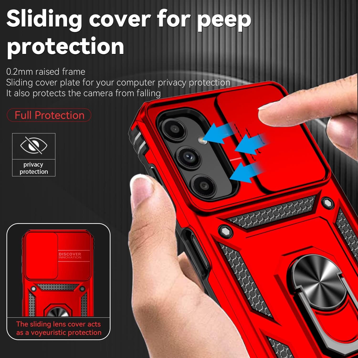 for Galaxy A14 5G Phone Case with Camera Lens Cover HD Screen Protector, Dual Layer Military-Grade Drop Tested Magnetic Ring Holder Kickstand Protective Phone Case for Samsung A14 (Red) - Image 3
