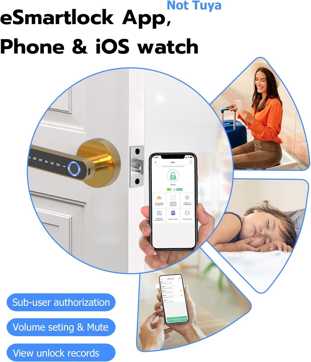 Fingerprint Handle Door Lock Smart Door Lock Levers eLinkSmart Digital Keyless Entry Door Knob Watch App Open Knob Lock for Bedroom Gold - Image 5
