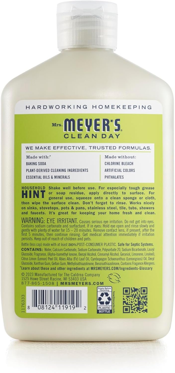 MRS. MEYER'S CLEAN DAY Baking Soda Cream Cleaner, Cuts Grease, Scratch-Free Polish, Plant-Derived Cleaning Ingredients, Lemon Verbena, 16 Fl Oz, Pack of 2 - Image 2