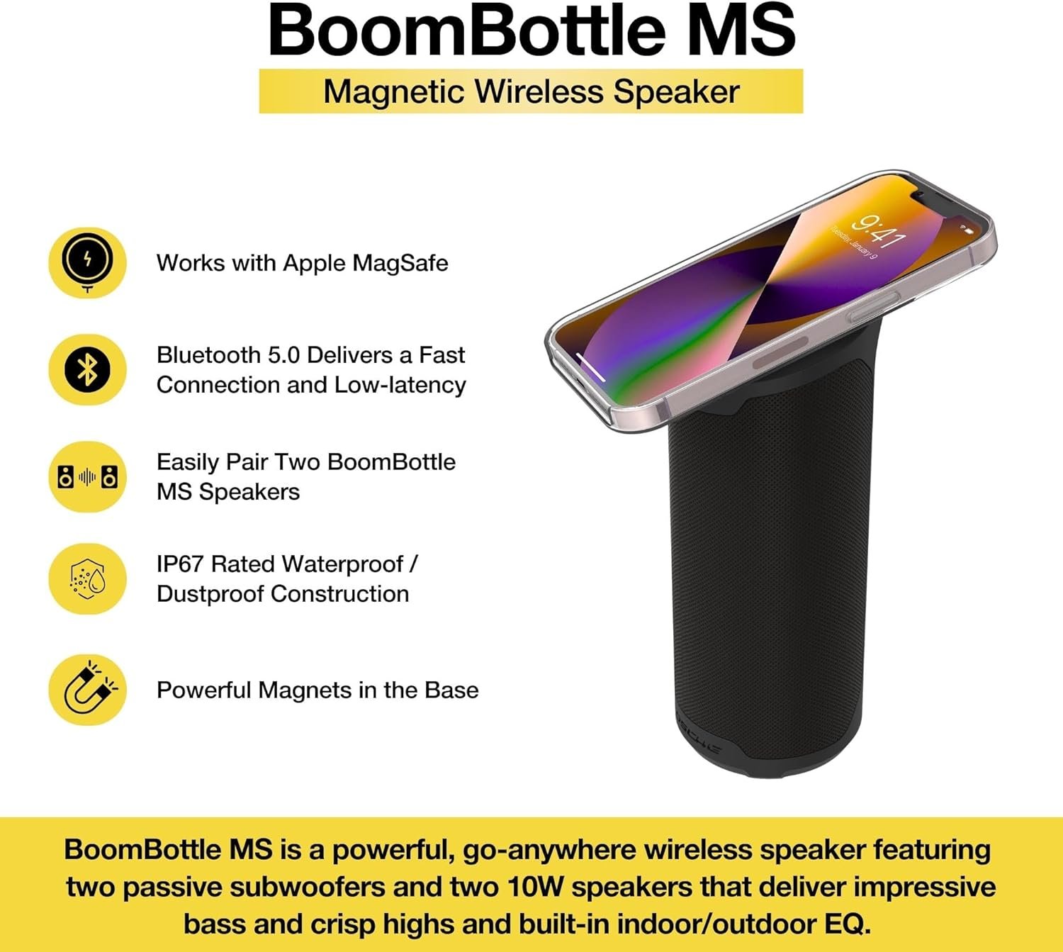 Scosche BTMSMSC1 BoomBottle MS MagSafe Magnetic Bluetooth Speaker - Portable Wireless Magnetic Speakers for Devices, Bikes, Golf Carts, and More - Waterproof speaker with Integrated MagicMount - Black - Image 3