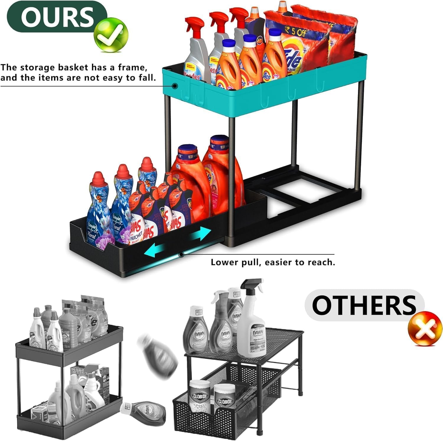 mosala Under Sink Organizers and Storage 2 Pack - 2 Tier Sliding Bathroom Cabinet Organizer with Hooks - Multi-Purpose Under The Sink Organizer Kitchen - Black - Image 6