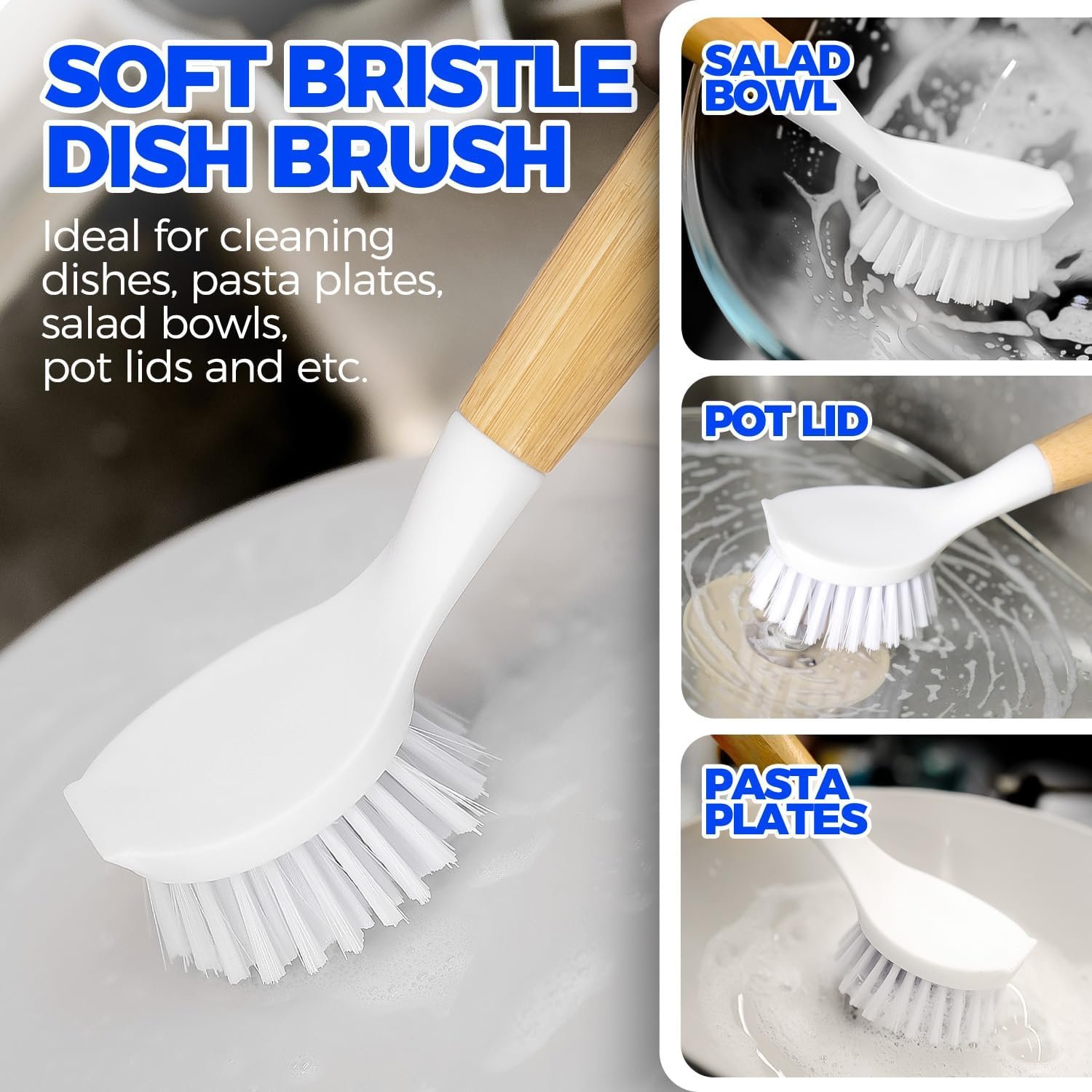 Holikme 3 Pack Dish Brush Set with Bamboo Handle, Kitchen Cleaner for Cleaning Pot, Sink and Stove, Skillet Scrubber with Tough Bristles for Cast Iron Grill Pan, Yellow White Black - Image 3