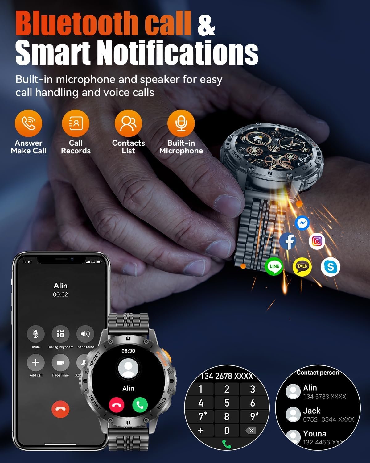 Military Smart Watches for Men with Bluetooth Call, 1.43" AMOLED Waterproof Smartwatch with Flashlight, 111 Sport Modes, 530mAh Heart Rate/SpO2/Sleep Monitor Fitness Tracker for Android iOS - Image 8