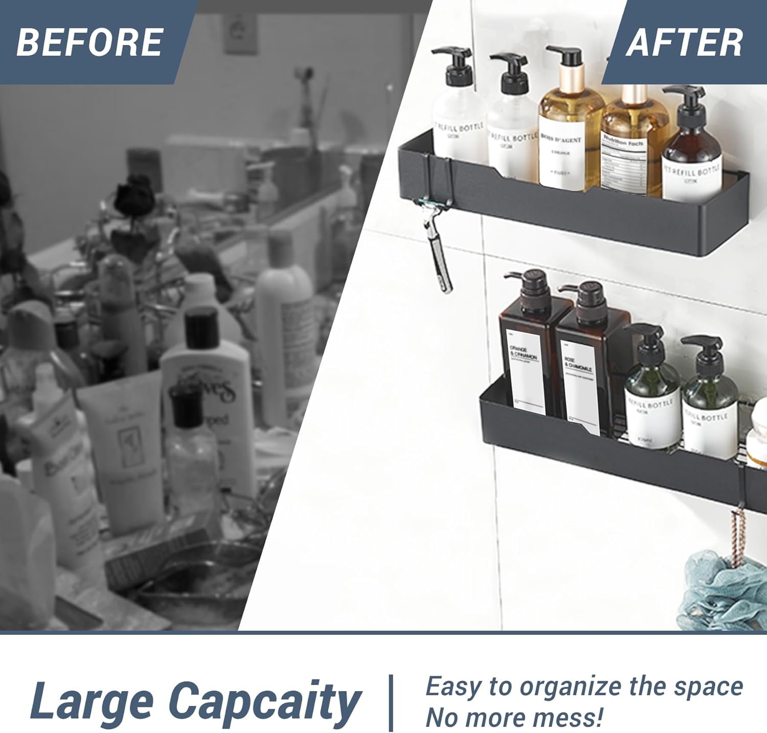 Adhesive Shower Caddy 2 PCs, Large shower shelves for inside shower, Rustproof Shower Caddy Black No Drilling Bathroom Shower Organizer, Wall Mount Shower Caddy with 4 Removable Hooks(Black) - Image 5