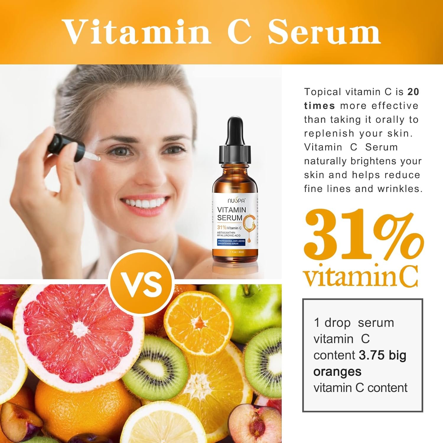 Vitamin C Serum for Face 2oz 31% Vitamin C Facial Moisturizer Serum Anti Aging Serum Reduces Age Spots and Sun Damage Natural Brightening Serum with Hyaluronic Acid and Astaxanthin - Image 7