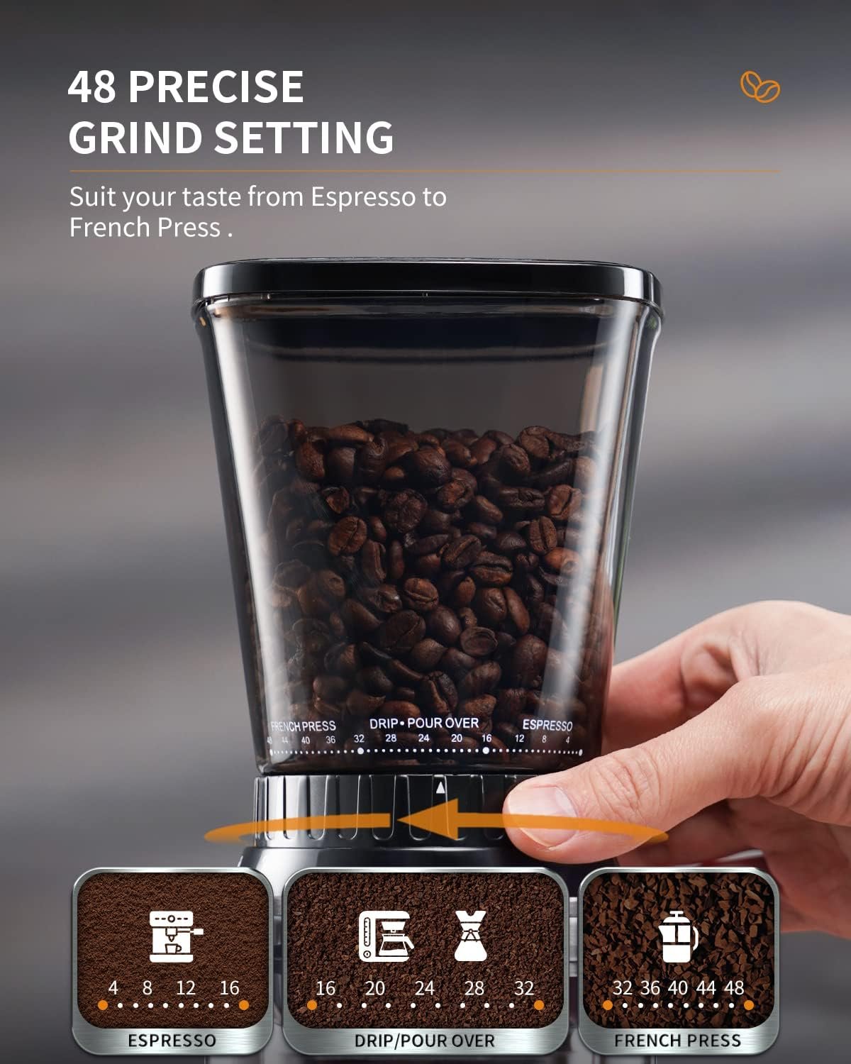 SHARDOR Conical Burr Coffee Grinder Electric, Adjustable Touchscreen Burr Mill with 48 Precise Settings, Precision Electronic Timer, Anti-static, Brushed Stainless Steel - Image 3