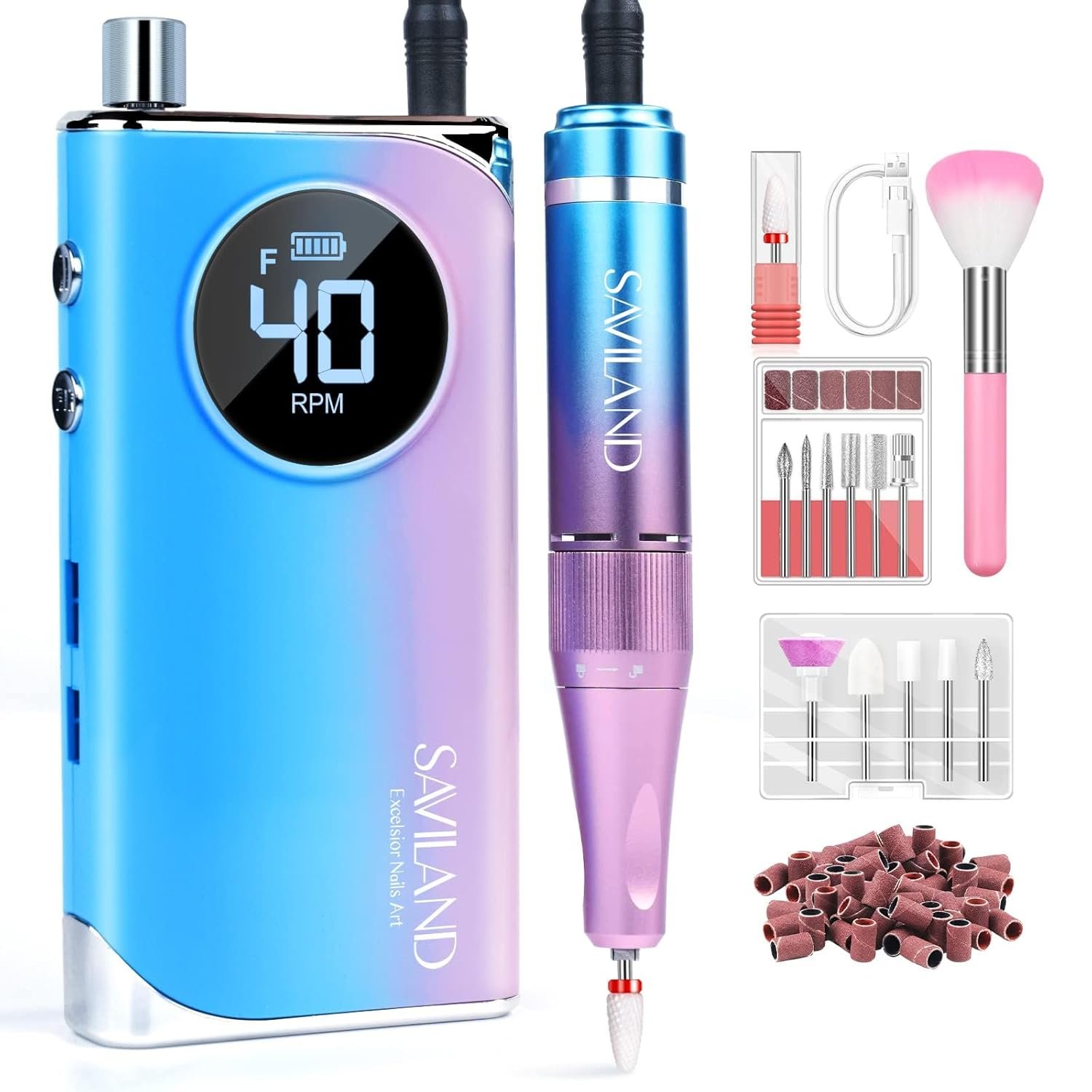 SAVILAND Electric Nail Drill Professional: 40000RPM Powerful Electric Nail File Portable Nail Drill with 12 Drill Bits Rechargeable Efile for Acrylic Gel Nails Removing Manicure Pedicure Salon - Image 2