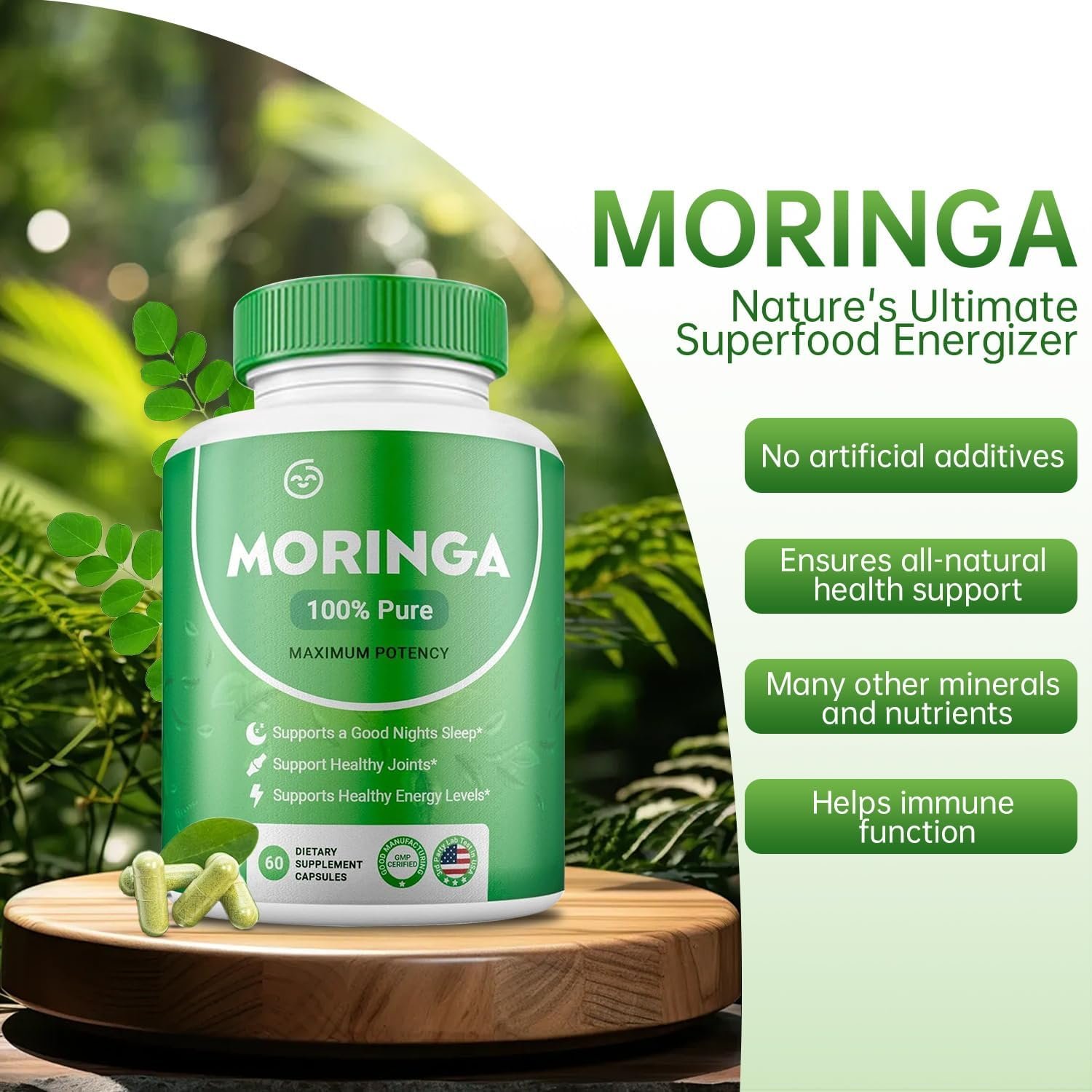 Moringa Powder Capsules Pure Nutrient Rich Moringa Powder Natural Green Antioxidant Superfood Supports Energy Skin Health Gut Health with Essential Vitamins and Amino Acids (Pack of 1) - Image 6