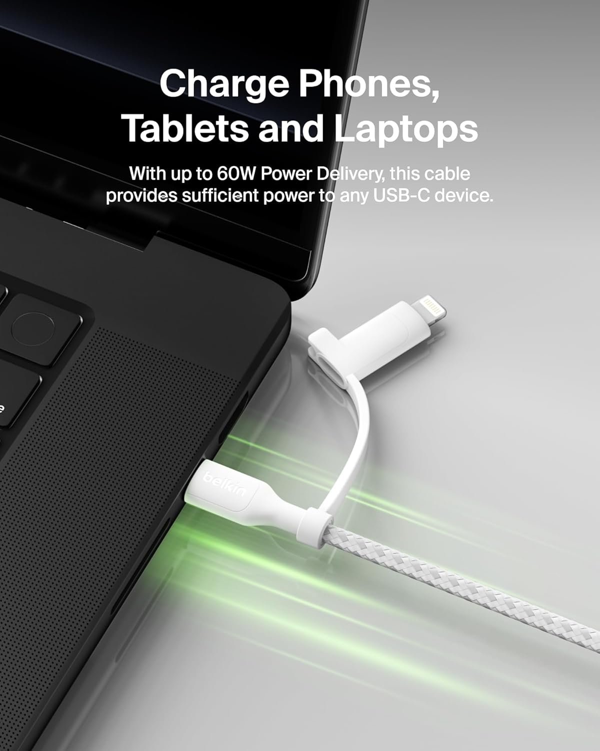 Belkin BoostCharge 2-in-1 USB-C Charging Cable w/USB-C & Lightning Connector - Braided Fast-Charging Cable, Multi-Charging Combo Cord for Apple iPhone, iPad, Samsung, MacBook, & More - White - Image 6