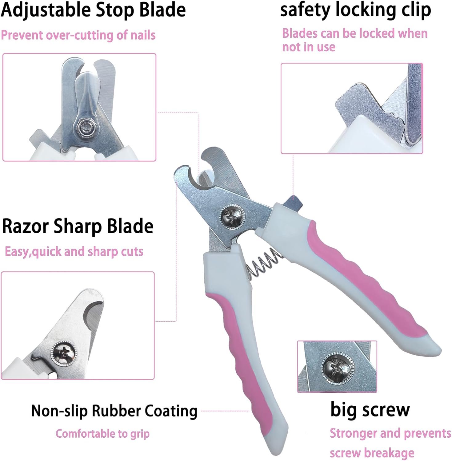 5Pcs Dogs and Cats Grooming Nail Clippers Kit Pet Claws Nail Clipper Trimmers, with Protective Guard Lock to Avoid Over Cutting, Professional Trimmers for Large and Small Cat and Dog Animal. (Pink) - Image 6