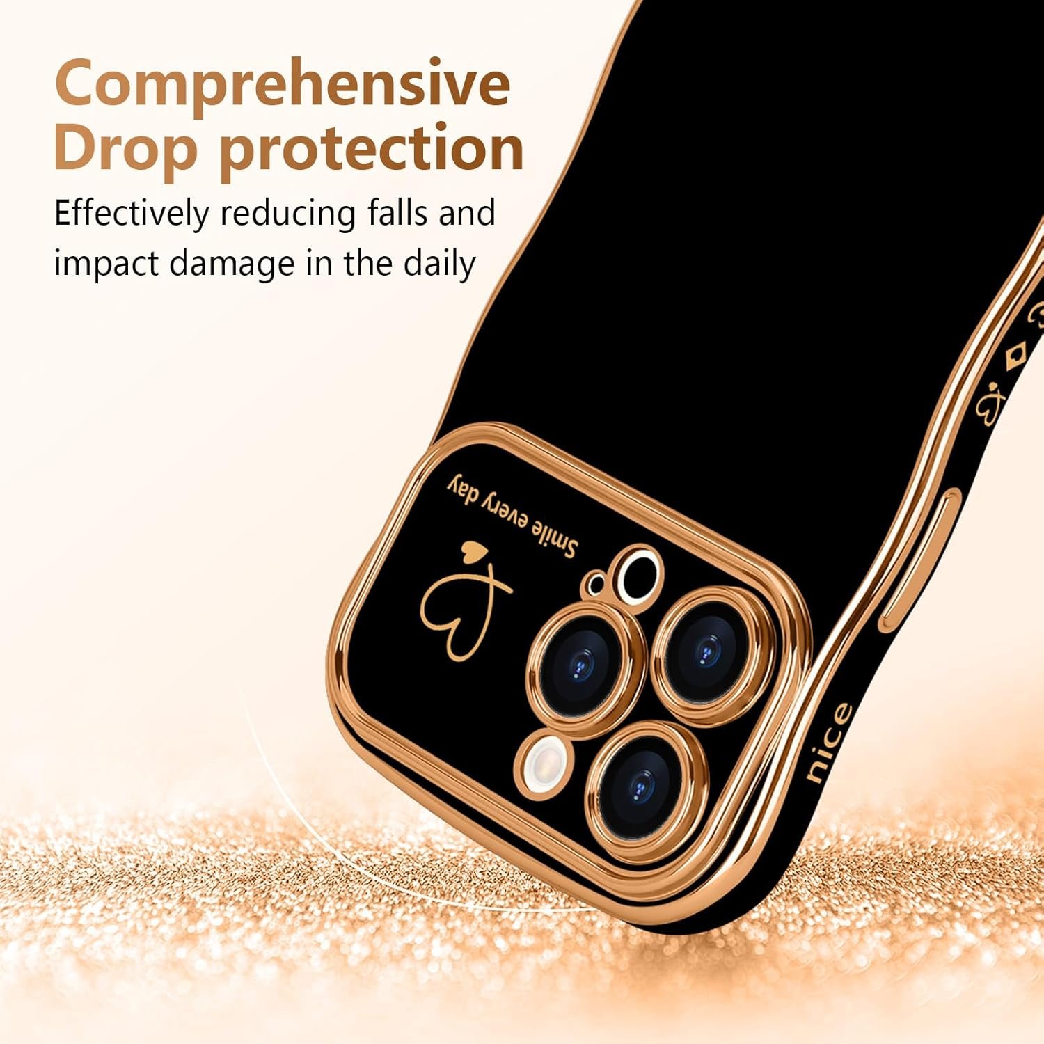 LCHULLE for iPhone 14 Pro Max Case for Women Girls, Cute Wave Frame Curly Shape with Love Heart Pattern Raised Camera Protection Cover Luxury Plating Shockproof Phone Case for iPhone 14 Pro Max, Black - Image 4