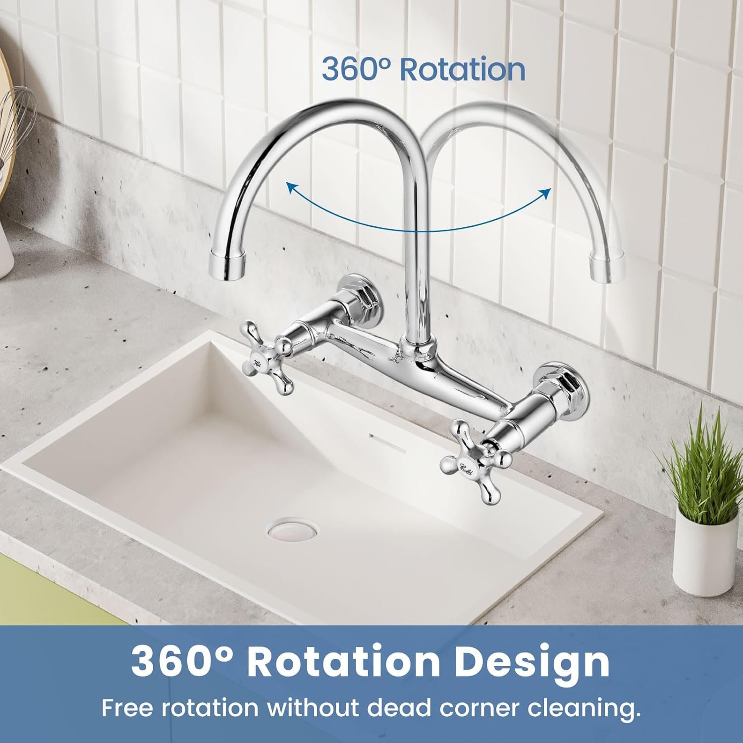 Airuida Chrome Polish Wall Mounted Kitchen Sink Faucet Wall Mounted Commercial Kitchen Faucet Wall Mount 8 Inches Center Faucet, 360 Degree Swivel Spout Mixer Laundry Restaurat Tap with Female Thread - Image 3