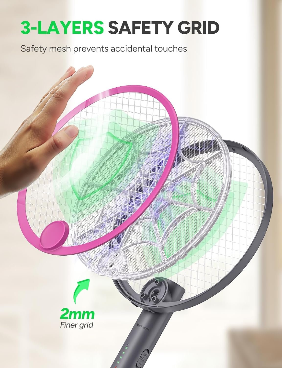 3800V Electric Fly Swatter, Dual Modes Bug Zapper Racket, 1500mAh Type-C Rechargeable Battery, Portable and Foldable Fly Zapper Racket, for Indoor Outdoor Home Patio Camping (Purple Gray) - Image 3